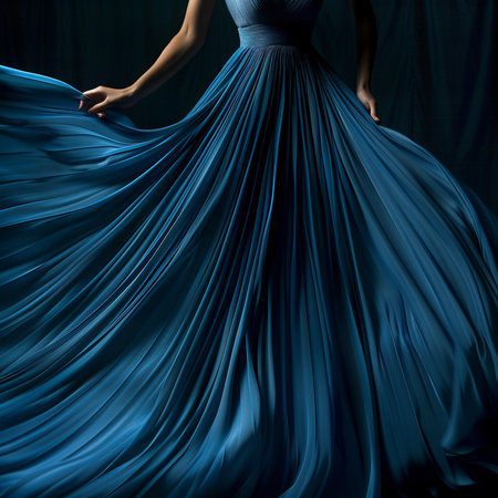 Beautiful woman in a long blue dress, on a dark backgroundの素材