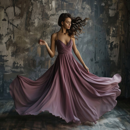 Beautiful young woman in a long purple dress with flying hair.の素材