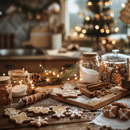 Christmas gingerbread cookies on a wooden table in the kitchen. Christmas backgroundの素材