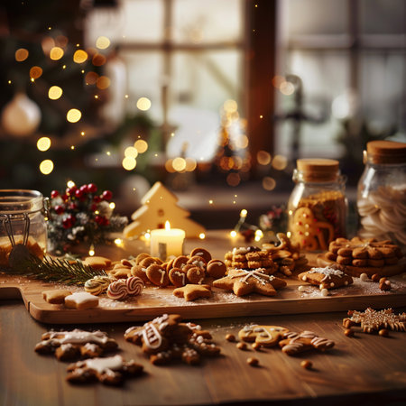 Christmas gingerbread cookies on a wooden table in a rustic kitchenの素材