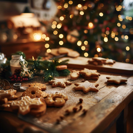 Gingerbread cookies on a wooden board with Christmas tree in the backgroundの素材