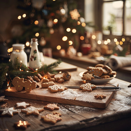 Christmas homemade gingerbread cookies on rustic wooden table with christmas lightsの素材