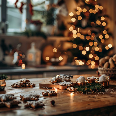 Christmas gingerbread cookies on a wooden table in the kitchen with Christmas lightsの素材