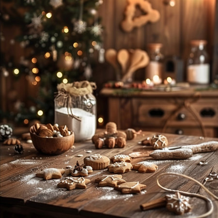 Christmas gingerbread cookies on a wooden table with Christmas tree in the backgroundの素材
