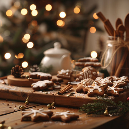 Delicious Christmas cookies on wooden table, closeup. Space for textの素材