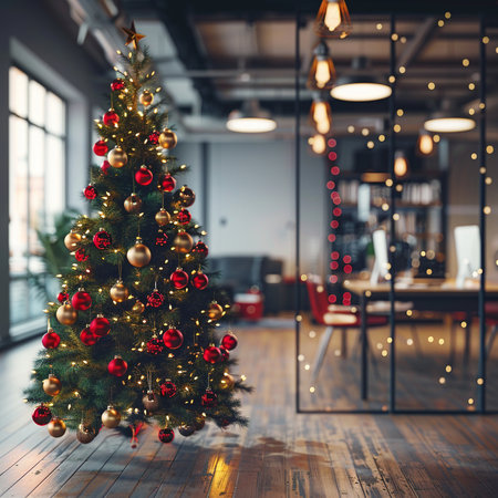 Christmas tree with red balls and lights in modern office. 3D Renderingの素材