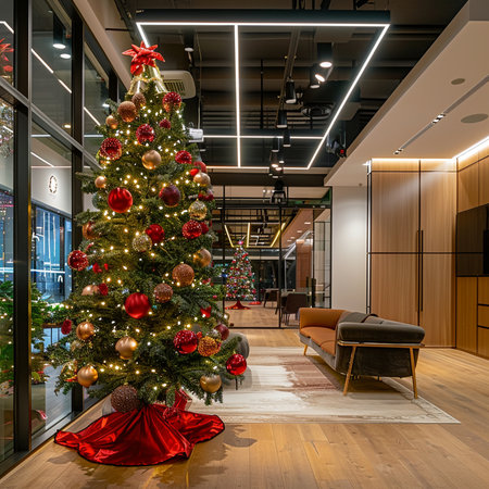 Interior of a modern office building with a decorated Christmas tree.の素材