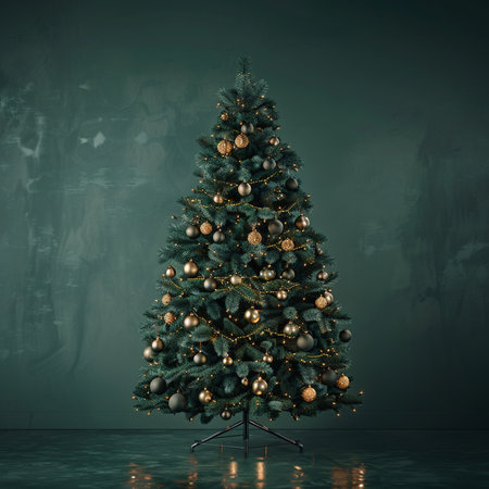 Christmas tree with gold ornaments and baubles, 3d renderの素材