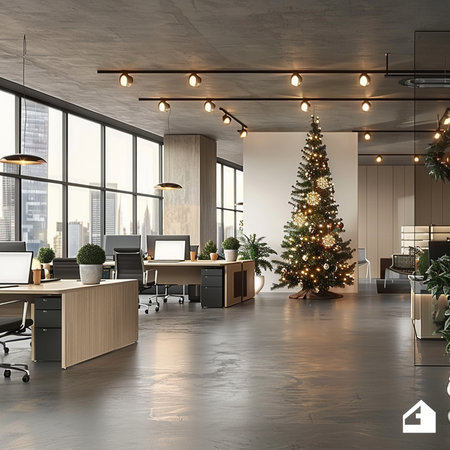 Modern office interior with Christmas tree and city view. 3D Renderingの素材