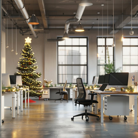 Office interior with christmas tree and decorations. 3D Renderingの素材