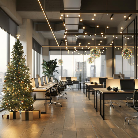 3D rendering of a modern office interior with a Christmas tree.の素材