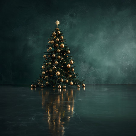 Christmas tree in dark room with reflection on the floor. 3d renderingの素材