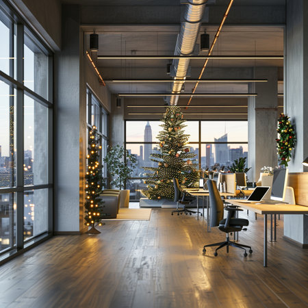 Office interior with Christmas tree and city view. 3D Renderingの素材