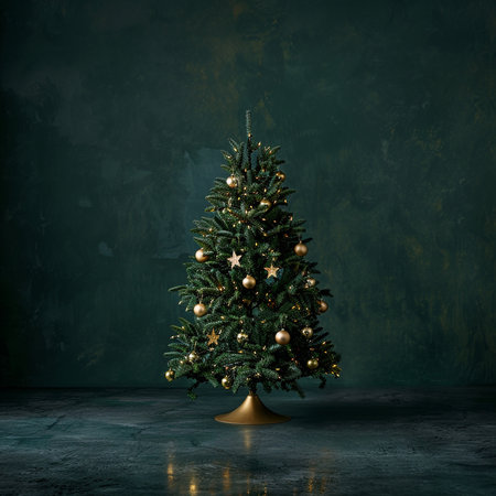 Christmas tree on dark green background. Christmas and New Year concept.の素材