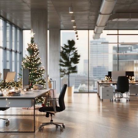 Modern office interior with Christmas tree and decorations. 3D Renderingの素材
