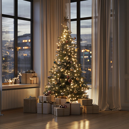 Christmas tree in the living room with gifts. 3d render.の素材