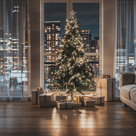 Modern living room with christmas tree and presents. 3d renderingの素材