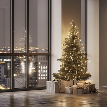3d render of christmas tree in modern interior with white backgroundの素材