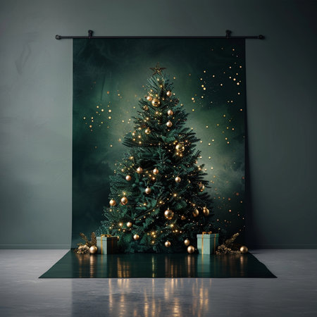 3D rendering Christmas tree in luxury living room with gold decoration.の素材