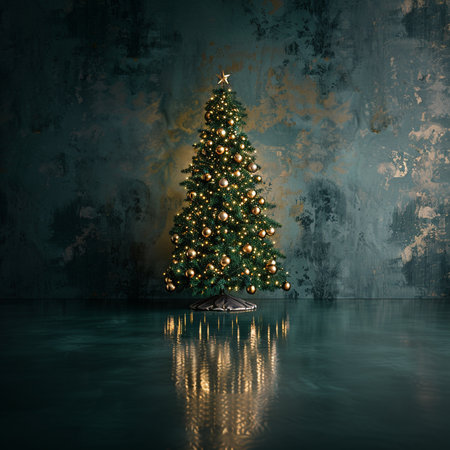 3d render of christmas tree with red and gold decoration in modern living roomの素材