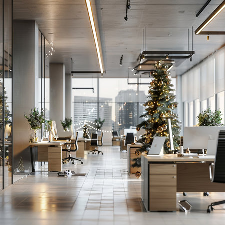 Interior of modern office with decorated Christmas tree. 3d renderingの素材