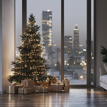 Christmas tree and gift boxes in modern interior. 3D rendering.の素材