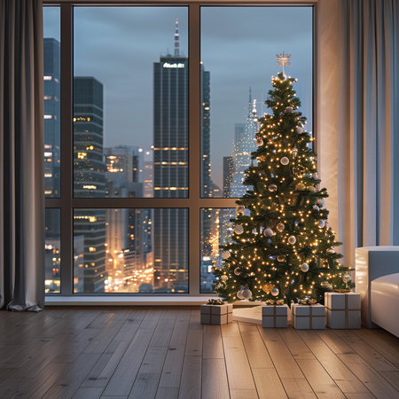 Christmas tree in a room with a panoramic view of the cityの素材