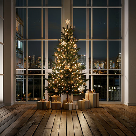 Christmas tree in a room with large windows and city view. 3d renderingの素材