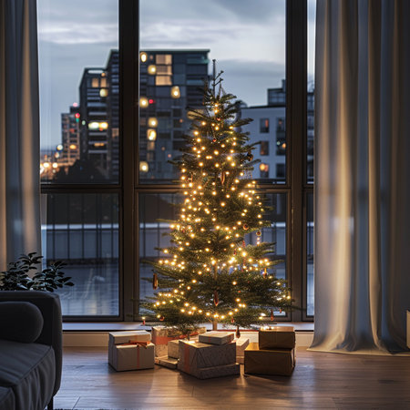 Christmas tree in the living room with a large window. 3d renderingの素材
