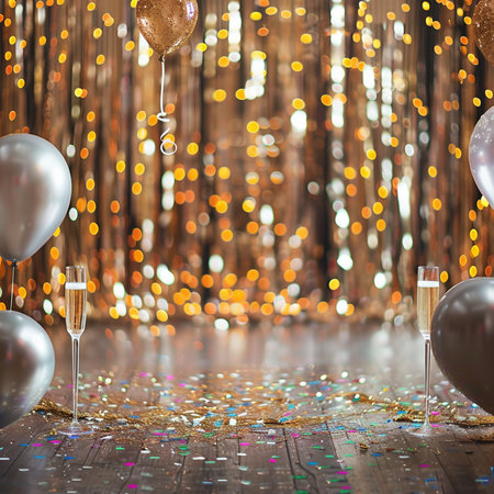 Glasses of champagne and balloons on a background of golden bokehの素材