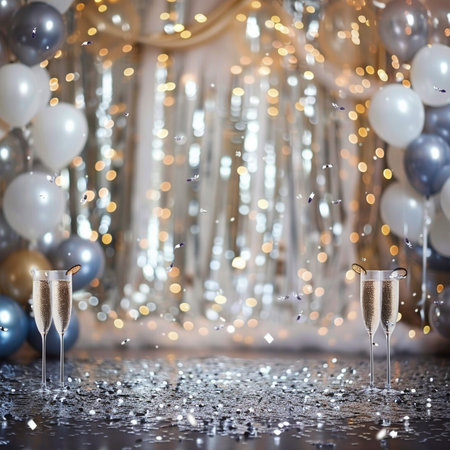 Glasses of champagne on the background of a garland with balloonsの素材
