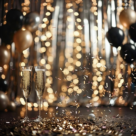 Glasses of champagne with golden confetti on bokeh backgroundの素材