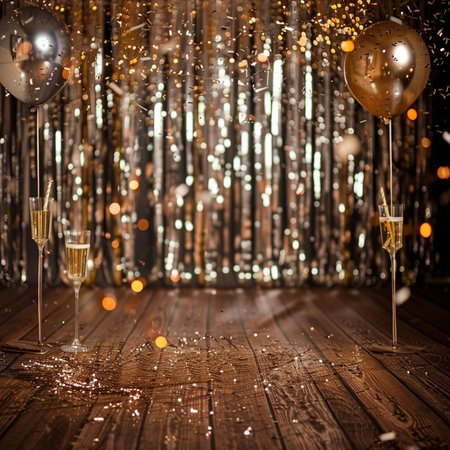 Two glasses of champagne and balloons on the background of a golden curtainの素材