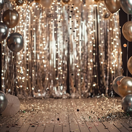 Festive background with silver balloons and confetti on the floor.の素材