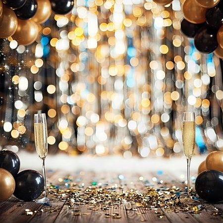 Glasses of champagne with gold and black christmas balls on bokeh backgroundの素材