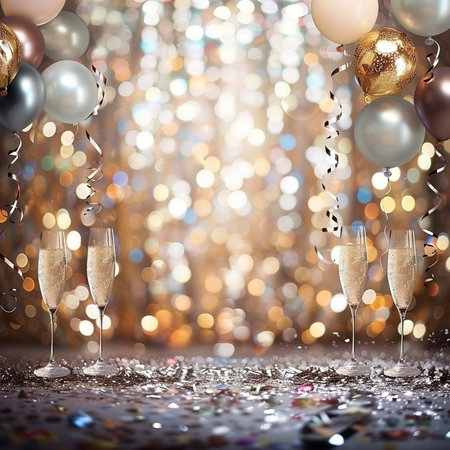 Glasses of champagne with christmas balls and confetti on bokeh backgroundの素材
