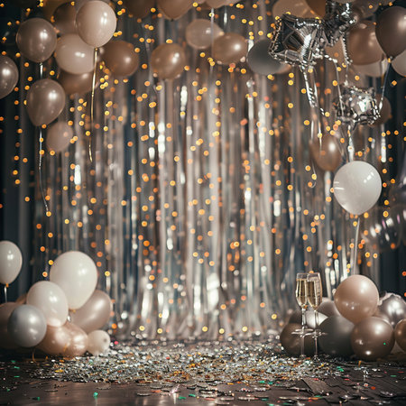 Celebration background with gold and silver balloons, confetti and ribbonsの素材
