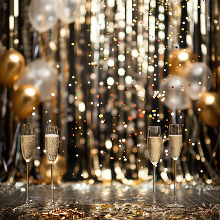 Glasses of champagne on a background of Christmas and New Year decorationsの素材