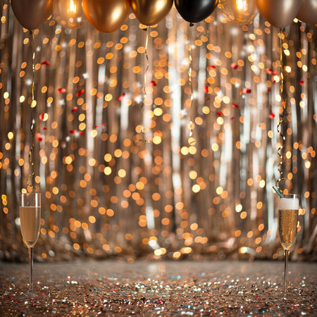 Glasses of champagne with golden balloons on bokeh background.の素材