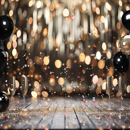 Two glasses of champagne and black balloons with bokeh background.の素材
