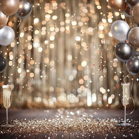 Two champagne glasses with golden and silver balloons on bokeh backgroundの素材