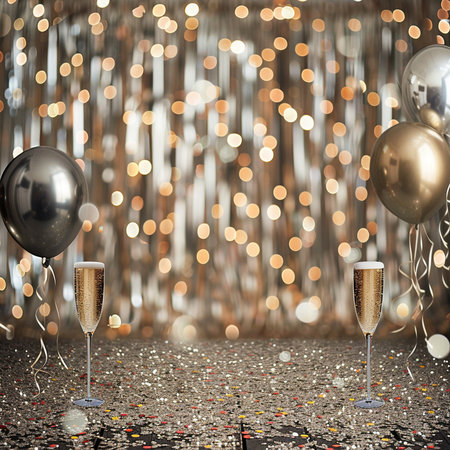 Glasses of champagne with gold and silver balloons on bokeh backgroundの素材