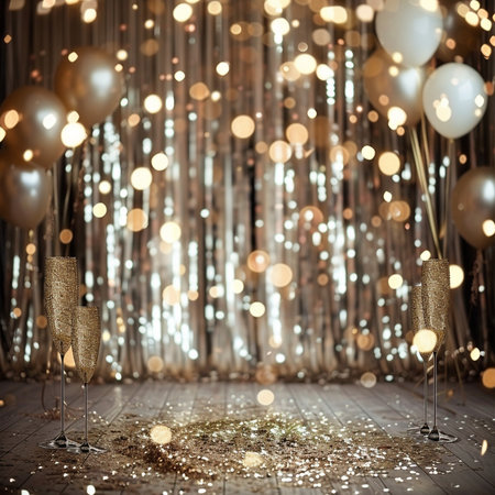 two glasses of champagne on the background of a garland with bokehの素材