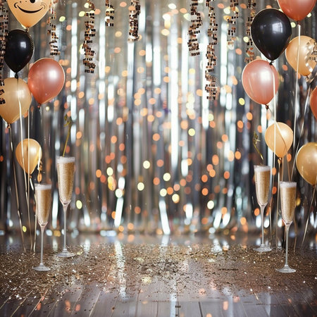 Party background with balloons, confetti and glasses of champagne on a wooden tableの素材