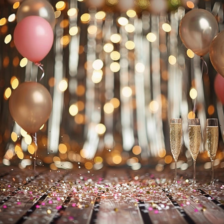 Two glasses of champagne with balloons and confetti on a background of defocused lightsの素材