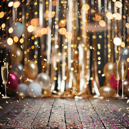 Glasses of champagne with bokeh lights on wooden background.の素材