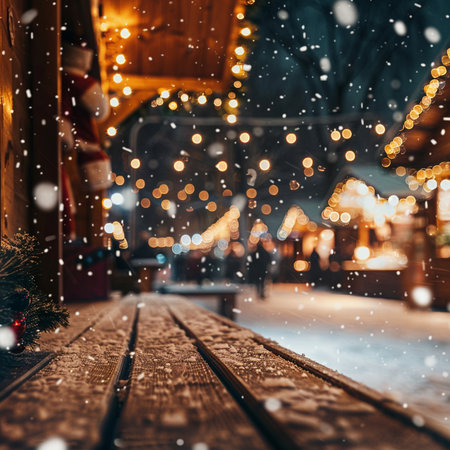Wooden bench with christmas lights and snowflakes on backgroundの素材