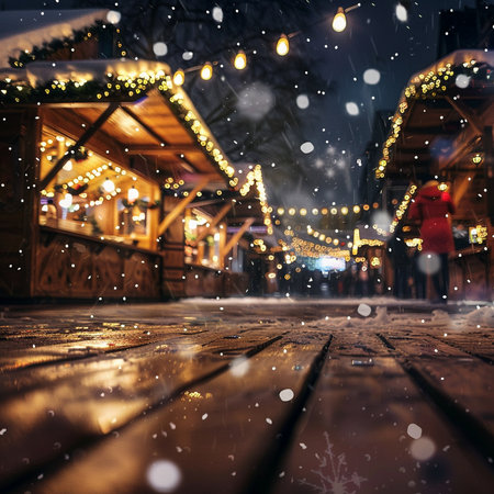 christmas background with bokeh lights and wooden floor at nightの素材
