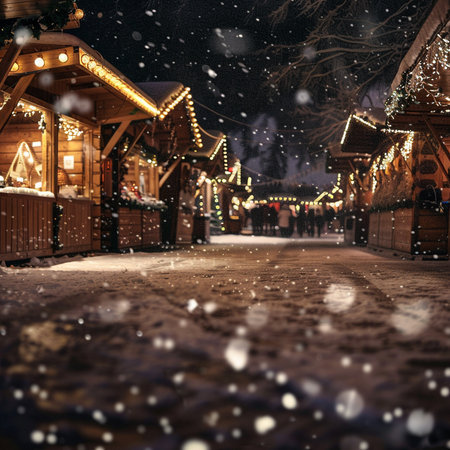 Christmas market on the street in the evening with snowfall. Christmas fairground.の素材