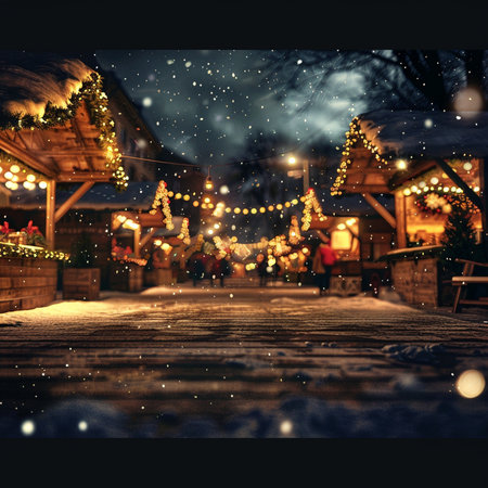 Wooden house decorated with Christmas lights at night. Christmas and New Year concept.の素材